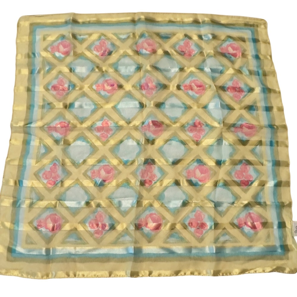 Jaclyn Smith Vintage Square Scarf Made in Italy Yellow Pink‎ Floral Trellis 90s